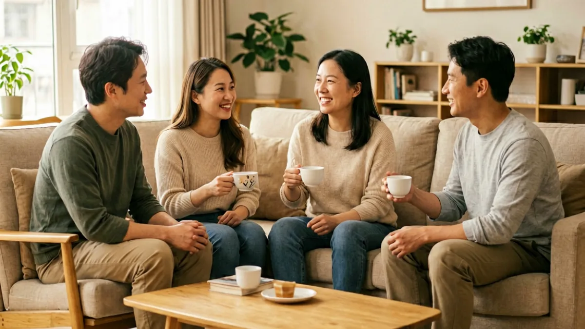 家庭成员围坐讨论的温馨场景，体现我的嫂嫂话题中家庭关系与日常相处的真实感
