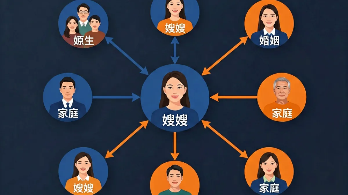 叙事结构示意图，用图形展示嫂嫂角色在家庭关系网络中的门槛位置与多重身份张力